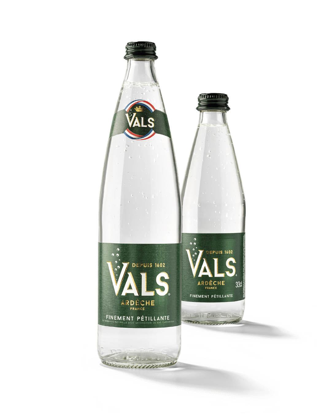 Bouteilles Vals en verre, en format 33cl et 75cl, destinée à la restauration. Egalement disponible dans certaines enseignes spécialisées ou en épicerie fine.